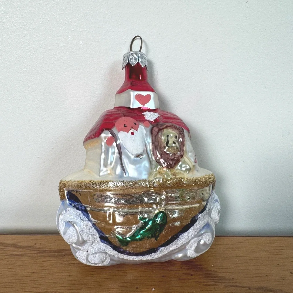 Noahs Ark Glass Christmas Ornament Hand Painted Animals Glitter Holiday